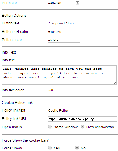 Cookie bar backend options